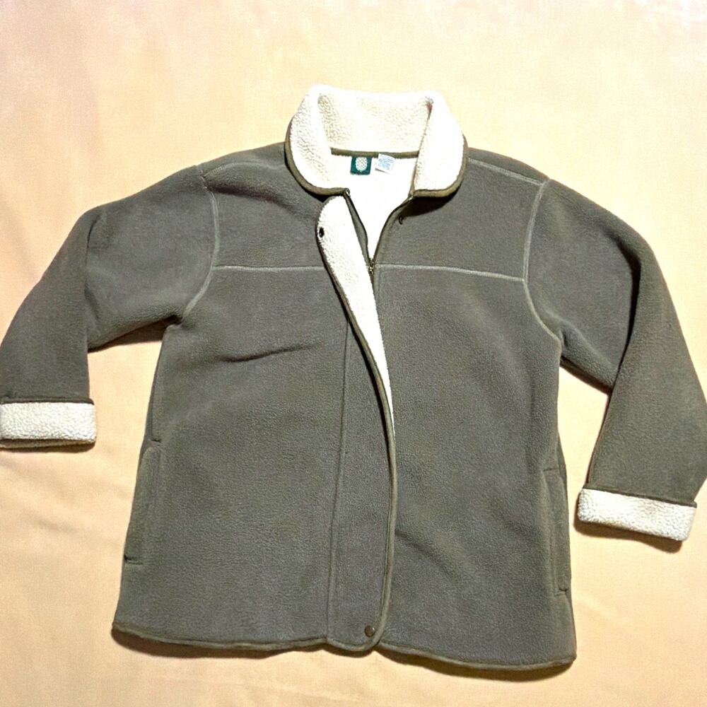Vintage Olive&Cream Men's L Fleece Jacket Sherpa Lined Full Zip Pockets Snaps